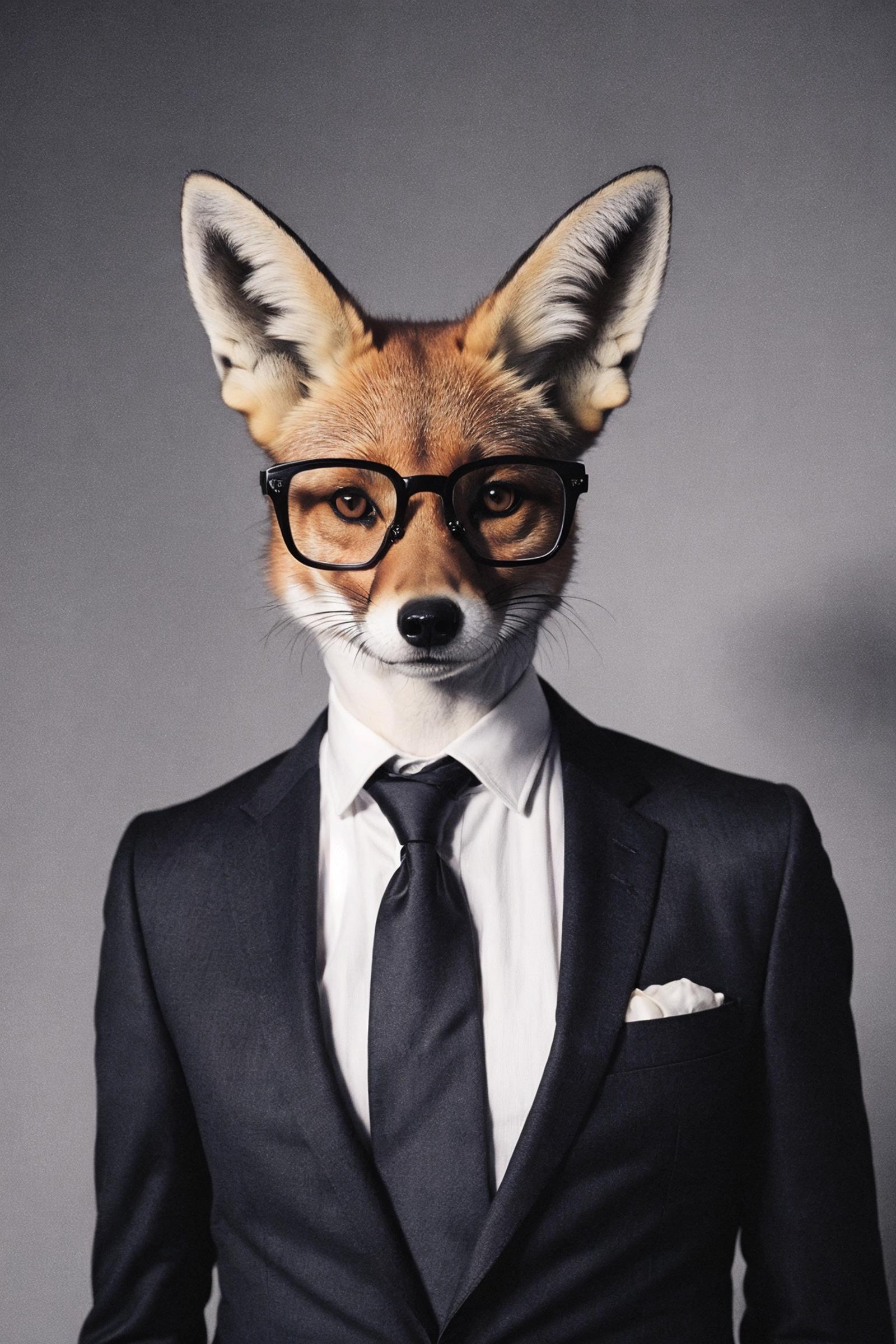 A man wearing a suit and glasses is wearing a fox mask.
