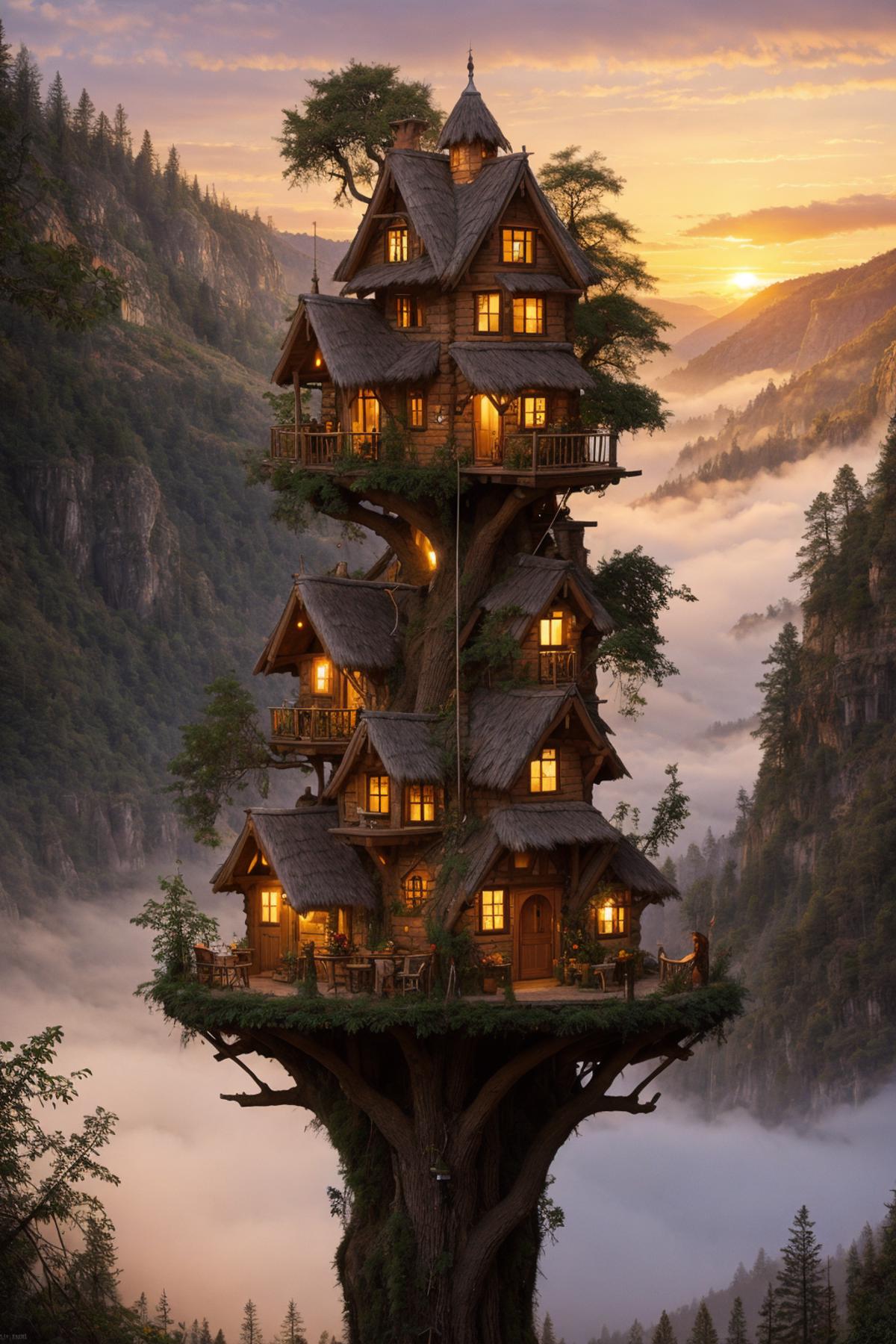 Illustration of a large tree house with multiple rooms and a hanging balcony.