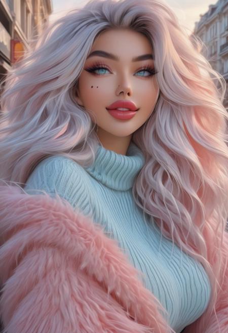 (Style-DoF:1.7),
<lora:LaDy_CooL XL:1.0>,
bmbplora, 
CYBR-XL,
<lora:bmbploraxl6-000008:0.65>,
<lora:BimbolipsV4-000003:0.8>,
<lyco:biglips-v2:1>,
((big lips):1.2),
large iridescent bright colorful blue electrical bright eyes,
((ultra detailed, highly detailed):1.4), (best quality), (full body), 2women, (Thai ethnicity beautiful woman and Caucasian ethnicity beautiful woman), ((fluffy clothes):1.7), ((fluffy sweater):1.7), ((only black 1mole spot beauty mark on left side of the face under nose):2.3). (beautiful women:2.5), (((porcelain color skin))), (photorealistic:1.8) (bokeh:1.3) (intricate details) (cinematic lighting) (sharp focus) ((Full body photograph):1.8). 
Long very voluminous wavy two tone hair. (Ultra furry:1.8)(fur trimmed) sweater. ((Ribbed sweater knit with a large loop):1.8). 
bmbplora. Bimbo makeup. Bold (long eyeliner:1.9). (Long fluffy lashes:1.5). (cyan color eyes:1.4) and (red glossy  and shiny lips:1.9), big lips, bimbolips, (huge lips:1.8), enormous lips, parted lips. Smiling and showing ((super white)) ((perfect arranged teeth):1.5). (Big boobs:1.4). (Long boots) (fur trimmed). Thai and Caucasian beautiful women stay on the middle of Paris street.