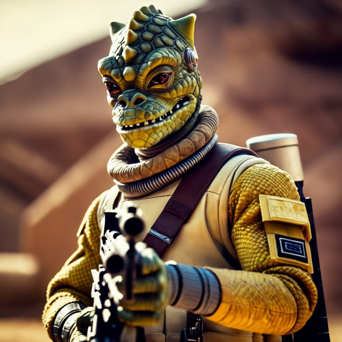 cinematic film still of  <lora:Bossk:1.2>
Bossk a reptilian cartoon character with a gun and a helmet in star wars univers...
