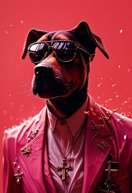 (score_9, score_8_up), score_7_up, (((dog))), simple background, wearing sunglasses, jewelry, upper body, necklace, cross, red background, suit, pink theme, gangster style, 
, 
depth of field, blurry background, black background, dark, CINE, embers, 
 <lora:unholy-000009:0.75>   <lora:CINE-000008:0.5>