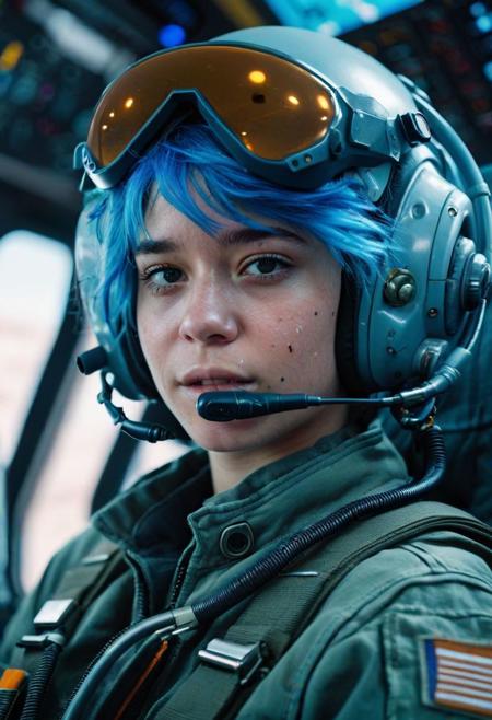 young female, futuristic, fighter pilot, cinematic, movie still, hyperdetailed photography, space, HUD, far future, electronics, bright colors, blue hair, mask+, sitting in cockpit