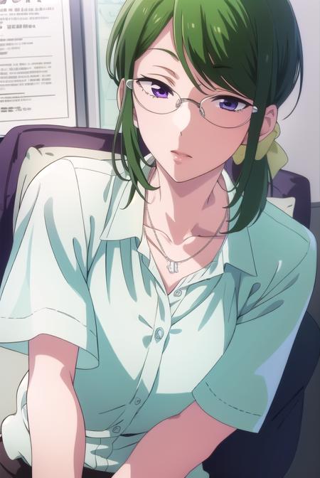 hanakokoyanagi, <lyco:hanakokoyanagi-lyco-nochekaiser:1>,
hanako koyanagi, green hair, low ponytail, (purple eyes:1.1), glasses,
BREAK skirt, shirt, necklace, office lady,
BREAK looking at viewer,
BREAK indoors,
BREAK <lora:GoodHands-vanilla:1>, (masterpiece:1.2), best quality, high resolution, unity 8k wallpaper, (illustration:0.8), (beautiful detailed eyes:1.6), extremely detailed face, perfect lighting, extremely detailed CG, (perfect hands, perfect anatomy),