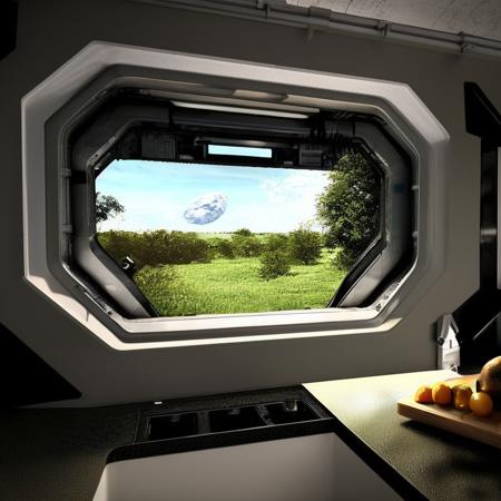 a kitchen window looking out to a field with a DaveSpaceFour landed