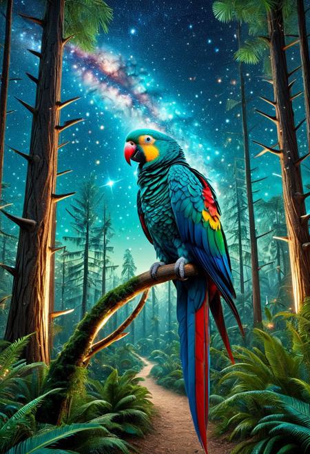 CosmicStyle,space,fantasy,Shimmering stars,starlight ,animal, parrot,full view,masterpiece, best quality, amazing quality, aesthetic,outdoor,trees,fantasy,forest