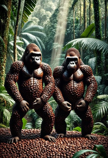 coffee beans, two large gorillas entirely made from roasted coffee beans, their bodies sculpted with layered and textured coffee beans forming realistic muscles and facial features, dark roasted tones with rich highlights, intense expressions, standing powerfully in a misty jungle environment, soft ambient light mixed with strong backlight casting warm rim light, cinematic atmosphere with volumetric light rays filtering through trees, natural reflections on the coffee beans, highly detailed close-up surfaces, hyperrealistic, organic texture, deep depth of field, sharp focus on the gorillas with blurred background, 85mm lens