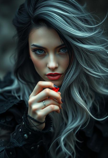 Mystic-dark queen, woman with jet-black and silver hair, fantasy adventure style with cute elements, clutching a tiny, radiant ruby, highly realistic with intricate details, pastel color palette, dramatic composition, ultra-realistic, wide-angle, sharp focus, moving background blur, glistening, asymmetrical hair texture
