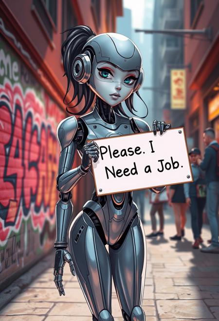 Medium shot digital illustration, (Realistic robot girl holding sign:1.3), Symmetrical composition, Chrome body, Intricate mechanical joints, (Text on sign "Please, I Need a Job":1.2), Vulnerable expression, Urban backdrop, Graffitied walls, Busy street, (Dramatic shadows:1.2), Soft glows, Contrasting color highlights, Future city atmosphere.
