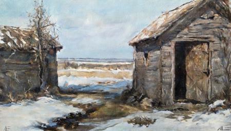 painting, landscape of a Jamestown from inside of a Outhouse, Winter, Energetic, oil on canvas style <lora:OIL_PAITING_ON_CANVAS_v2:1>