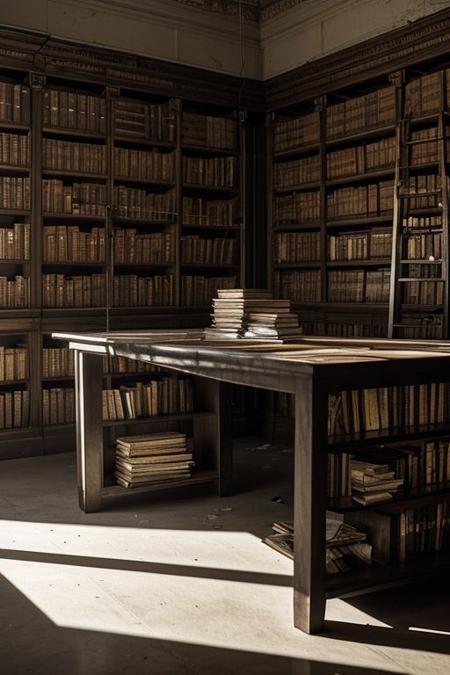Inside the library, a makeshift barricade of overturned bookshelves casts long shadows. Empty food wrappers and a single measly granola bar lie on a dusty table, highlighting the character's desperate situation.  Style: Dark, atmospheric, detailed