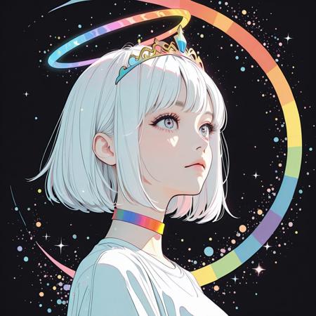 Semireal, semirealistic, masterpiece, best quality, absurdes, simple black background, colorful spotlight from above, shoulder up, from side, cel shading:1.3, western art /(style/), (straight on), 1girl, looking to the side, large eyes, rainbow iris, rainbow halo, bob cut, white hair, tiara, rainbow choker, white tshirt, rainbow particles