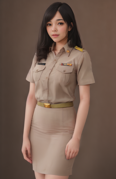 1woman in unifrom , The background is a classroom in the year 2000., short sleeve uniform, long black hair, <lora:Thai_female_teacher_uniform:1> ,background, Mid Body, (dark theme:0.9) , Alphonse Mucha dynamic lighting hyperdetailed intricately detailed, (hdr:1.22), muted colors, complex background, hyperrealism, hyperdetailed, amandine van ray