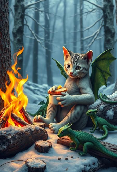 a muscular kitten with visible veins sitting nearby fallen tree next to  a  big campfire and  eating a sandwich with cheese  and holding a cup of tea, sitting with a group of little green dragons with dark green wings , with details, snow, snowy, winter forest, vivid colors, details seen under an electron scanning microscope