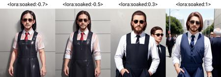 <lora:soaked:-0.7>, soaked, old man, necktie, beard, black suits, pinafore dress, sunglasses