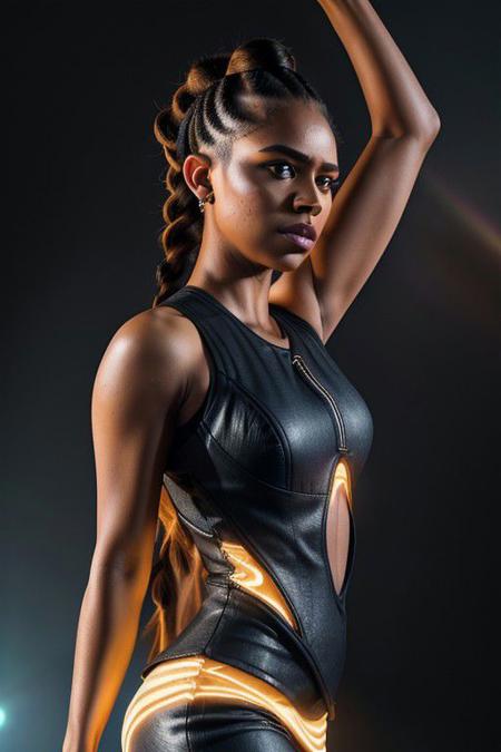 sunny, 30 yo woman,
simple background,
thick winged eyeliner, dark smokey eyeshadow, hair in braided mohawk,
movement pose,
bodycon dresss,
a documentary photography photo with a Sony A7III, by Khadija Saye,
((Chiaroscuro, soft fill lighting, dramatic rim lighting, dutch angle)), cinematic color grading, depth of field,
<lora:3DMM_V12:0.5> <lora:skinny_new_skin:0.4> <lora:tangbohu-detailmaker_v2.5:1> <lora:sunny_v01:0.9>