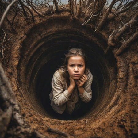 Create an image of a girl  trapped in an abandoned vertical tubewell, transparent, dry land, dry trees, light rain, a landscape, dark clouds, her fear, confusion, sunset, dim overhead light, hyperrealistic nature