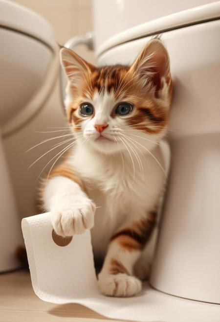 A realistic photo of awhite and brown kitten playing with toilet paper