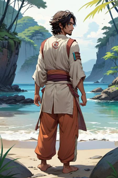 concept art ezra bridger wearing linen kimono, solid color tank top, and linen pants at uchiha hideout looking over shoulder, full body shot from behind <lora:Ezra_Bridger_XL:0.8> . digital artwork by pascal campion, vector, bright colors, bold outlines, illustrative, highly detailed