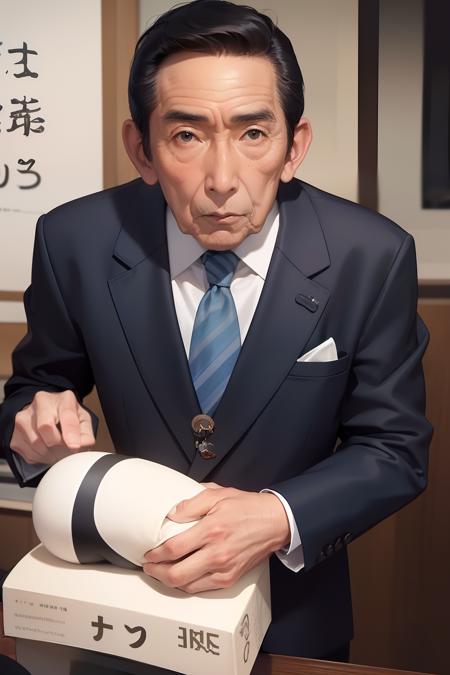 1 oldman, Fujita_Makoto, ((Japan Faces, Japan actors, Cool old man, 70yo)), Black hair, Black eyes, Dark-blue jacket, white collared shirt, no necktie, Dark-blue slacks, Black socks, Black leather shoes, 