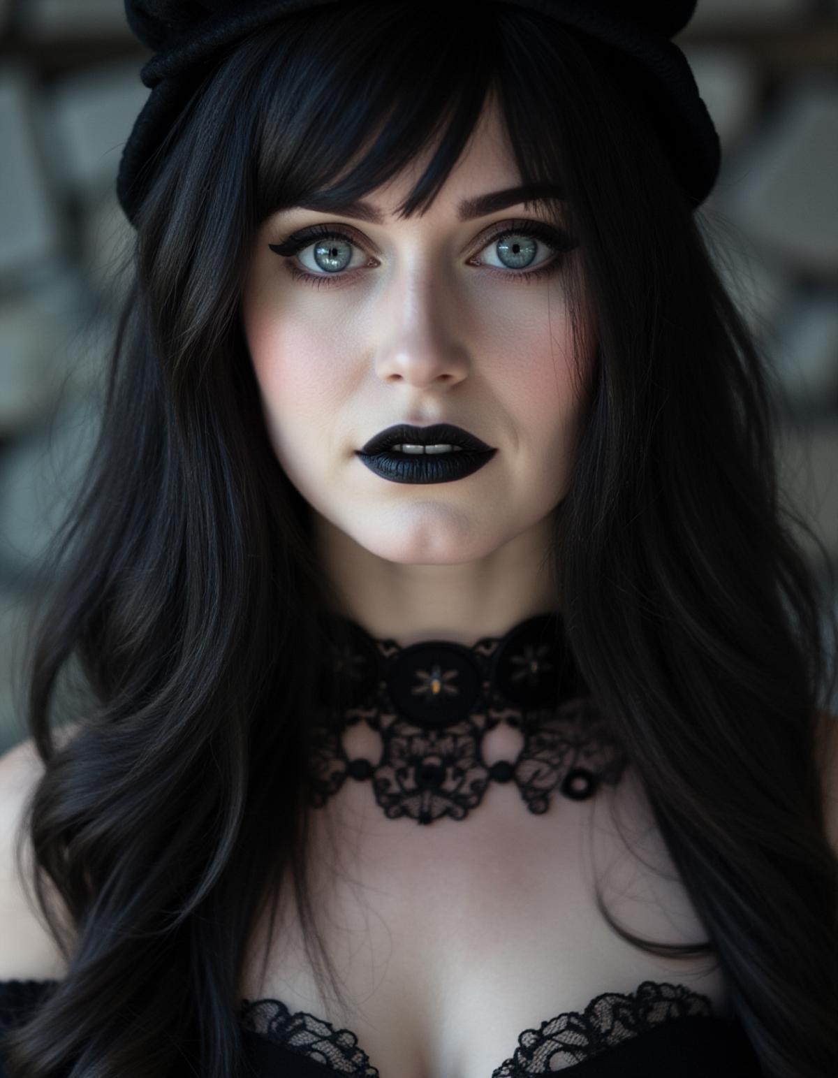 18-year-old Sanna Marin wearing (black lipstick), wearing a (goth outfit), (black makeup), black choker, she gazes directly at the viewer, upper body portrait <lora:FluxDFaeTasticDetails:1>
<lora:sanna_marin_flux_3000:1>