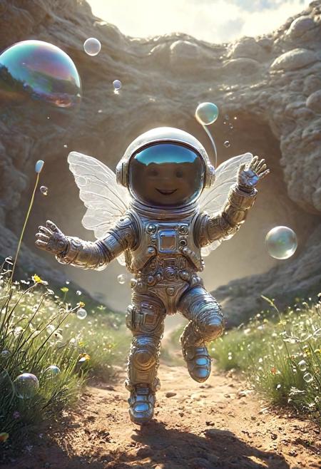 Run through my art's meadow of imagination
Detailed grassy plane dots background neutral toned canvas Asteroid dunes dotting distant galaxy -Miles beyond- Twinkling Starts bedizen cosmos' veil
Rushing Astronaut figure 3d render grinning happy pace Playful running towards giant Rotating Cube Disc Platform as big as building Nifty little spaceman, hi there!
Cherub chuckles mirthfully while arms wave excited hey, Super joyous! Giddy dash makes ground blur as whimsical cel shaded filter Bubble popping to greet Astrobot friend enthusiastically!
concept-art, A beautiful double exposure, awesome full color, 
fantasy, beautiful, painterly, detailed, textural, artistic, 
aesthetic, intricate details, highly detailed, ultra-detailed, absurdres, unreal engine, octane rendering, high saturation, high contrast, vivid, vibrant, volumetric lighting, sharp focus, 
aid291, midjourneyv6.1, 
made_of_bubbles