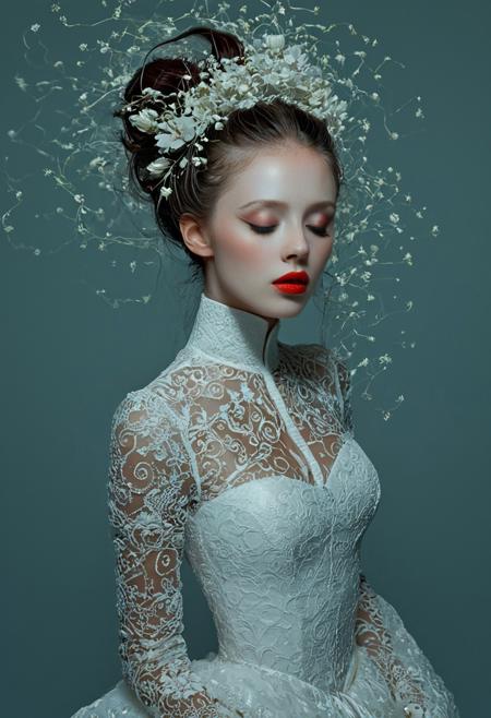 The image is a hyper-realistic, digital artwork of a woman rendered in a highly detailed, surreal style. The subject is a woman with a pale, almost ethereal complexion, dressed in an elaborate, ornate, high-collared white gown adorned with intricate, swirling patterns that resemble lace or delicate embroidery. The dress features a high neckline and long sleeves, with the fabric draped elegantly to accentuate her slender figure. Her hair is styled in a voluminous, intricate updo, covered in delicate, almost ethereal white flowers that flow outward as if caught in a breeze, creating a dynamic, almost otherworldly effect. The flowers are a slightly darker shade of white, adding depth and contrast to the scene.
Her eyes are closed, and her head is tilted back, giving her an almost ethereal, serene expression. Her lips are painted a bold, bright red, which stands out vividly against her pale skin and contrasts starkly with the white of her dress and hair. The background is a gradient of cool, muted colors, transitioning from a deep, almost black blue at the bottom to a lighter blue at the top, which enhances the focus on the subject. The lighting is soft yet dramatic, with a slight blue hue that complements the cool tones of the background.