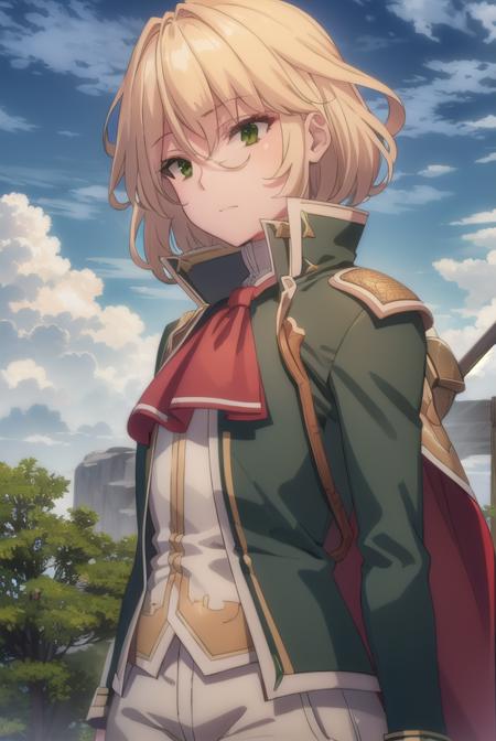 healerblade, <lora:healer blade s1-lora-nochekaiser:1>,
blade, blonde hair, (green eyes:1.5), short hair, hair between eyes,
BREAK long sleeves, pants, cape, uniform, military, ascot, white pants,
BREAK outdoors, forest, nature, trees, grass, sun, sky, clouds,
BREAK looking at viewer, (cowboy shot:1.5),
BREAK <lyco:GoodHands-beta2:1>, (masterpiece:1.2), best quality, high resolution, unity 8k wallpaper, (illustration:0.8), (beautiful detailed eyes:1.6), extremely detailed face, perfect lighting, extremely detailed CG, (perfect hands, perfect anatomy),