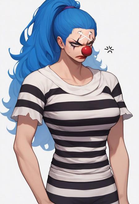 Buggy, blue hair, clown nose, clown makeup, white gloves, pirate hat, orange coat, red and white striped shirt, green sash, light green pants, shoes Buggy, blue hair, ponytail, clown nose, clown makeup, prisoner outfit, black and white striped shirt, striped pants