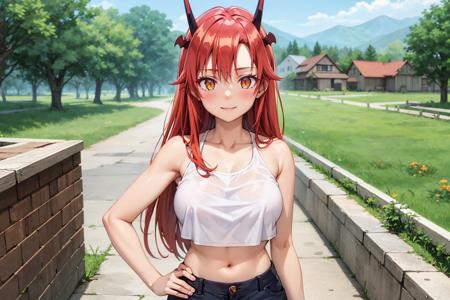 best quality, masterpiece, upper body, standing, solo focus,
1girl, tania, KizukiAi, dragon girl, dragon horns, red hair, orange eyes, large breasts, long hair,  cargo shorts, crop top, looking at viewer, village, (blush:1.2), happy,  (crowd:0.4), medieval,
<lora:Kizuki - Beast Tamer - Tania:0.85>