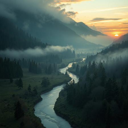 8k, source_photo, source_real, traditional media, amateur, real life photo, wide valley, scattered trees and woodland,  winding river, dungeons and dragons, medieval, mist, sunset