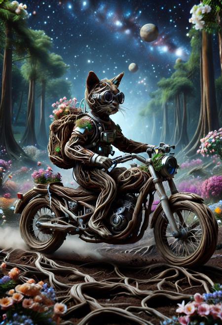 morph-treeroots, (made of roots:1.3), closeup shot, from side, cute small motorcycle, astronaut cat driving, wear round goggles, wear astronaut suit, run through in space planet forest, Dust, flowers, cinematic, cinematic lighting, (masterpiece, best quality:1.4), ultra-high res, 4k, Photorealistic, insanely detailed, sfw,