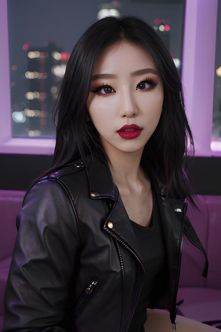 (<lora:ndoshi:0.5>), hyperrealistic, raw, shot on Sony A7R Mark IVA,  (kpop makeup1.4), ((perfect detailed eyes:1.4)), (black leather jacket:1.2), (red lipstick), soft light, ((glass)), hyperrealistic reflection, (wide hips), (high platform boots), ((sharp focus)), purple light, (night city background)