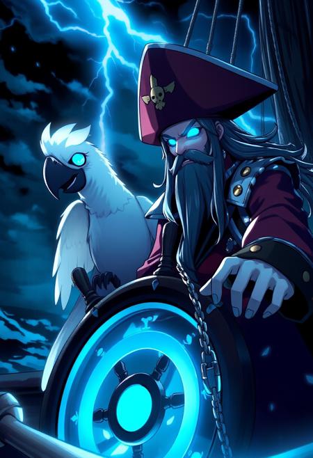 sehele style, fca_style, anime, long bearded ghost pirate with ghost parrot, both with shining blue flaming eyes, chill aura, holding steering wheel of a ship amid the storm, lightning in the sky.