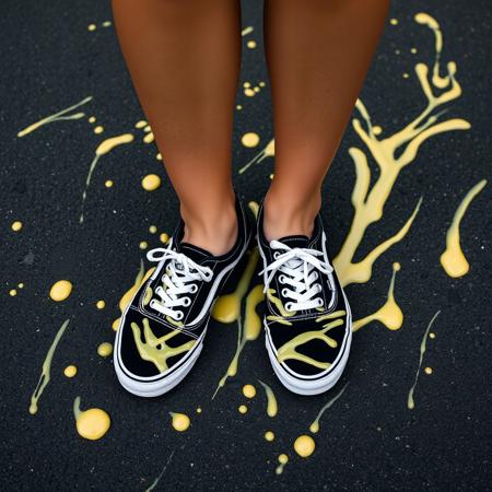 woman wearing sneakers, woman standing on a black asphalt street, sneakers are covered in thin splashes of whitish yellow creamy sauce,  
(((all-black-canvas-women's-Vans-sneakers))), (((Vans-Authentic-sneakers))), ((((black-sneakers-with-white-laces)))