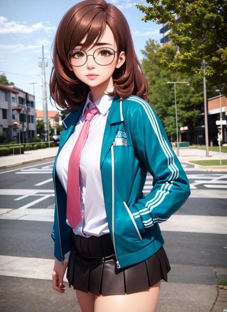 (realistic:1.5),  <lora:yuzuriha_maimai-10:0.9>, 1girl, solo, yuzuriha_maimai, thick eyebrows, brown hair, green eyes, medium hair, glasses, round eyewear, track jacket, green jacket, open jacket, white shirt, collared shirt, shirt tucked in, pink necktie, pleated skirt, black skirt, outdoors, japanese, teen, upper body, naughty face