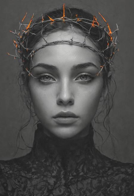 n image of a female with crown of barbed wire and a glow orange, in the style of speedpainting, dark white and dark gray, character studies, dom qwek, nihilcore, wlop, iconic
Wide range of colors., Dramatic,Dynamic,Cinematic,Sharp details
Insane quality. Insane resolution. Insane details. Masterpiece. 32k resolution.
<lora:add-detail-xl:0.95> <lora:dvr-lnds-sdxl:0.3> dvr-lnds-sdxl <lora:MJ52:0.25> <lora:ral-apoctvisn-sdxl:0.3> ral-apoctvisn <lora:zavy-cntrst-sdxl:0.35> dark, chiaroscuro, low-key <lora:zavy-rmlght-sdxl:0.41> zavy-rmlght <lora:SDXLFaeTastic2400:0.225>