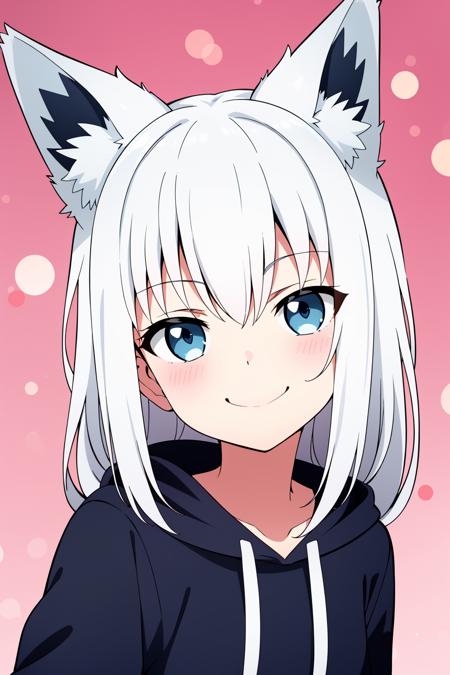 1girl, solo, petite, chibi, shirakami fubuki, 
long hair, wavy hair, silver hair, blue eyes, flat chest, black hoodie, head tilt, smile, closed mouth, fox ears, animal ear fluff, selfie, smug, 
portrait, pink background, bokeh,
(masterpiece), best quality, expressive eyes, perfect face,