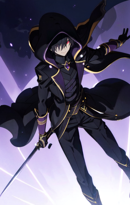 1boy, shadow, red eyes, (shaded face:0.6), black hair, short hair, very long coat,  belt, cape, hood up, gloves, black pants, purple theme, glowing