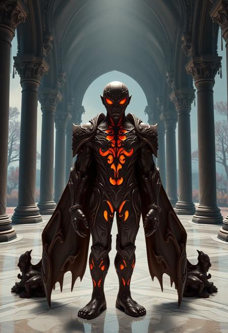 A surreal humanoid figure standing in a grand hall, entirely sculpted from rich, glistening chocolate. Its skin has intricate filigree detailing, with melted chocolate veins subtly glowing beneath the surface, mimicking vascular life. The hall is constructed of dark chocolate pillars, marbled white chocolate floors, and delicate drips from the ceiling forming stalactite-like sculptures. The figure’s eyes are solid spheres of crystalline sugar, and it holds a scepter of sculpted cocoa. Atmospheric lighting from above casts cinematic shadows, highlighting textures—smooth polished chocolate armor contrasted with rough, crumbled chocolate bark on its back. Background reveals a surreal landscape beyond gothic arches: molten rivers of caramel, trees with cocoa bean pods instead of leaves, and distant monoliths made of layered chocolate and nougat. The overall atmosphere is fantastical yet grounded in hyperreal material physics, with an ultra-detailed cinematic lens capturing the scene at a slight low-angle for a majestic presence.