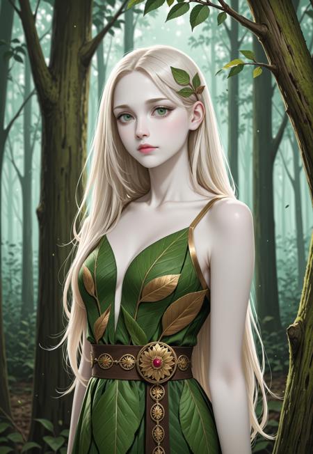 A Slavic forest nymph with long chestnut hair. Green eyes. Pale skin with golden sheen. Thin eyebrows. Small nose. Pink lips. Wears a dress of leaves and flowers. Stands in the forest among trees. Holds a branch with berries.
(Slavic nymph, leaf dress)
((half body view))