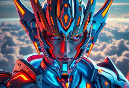 Create a high-definition, close-up concept art of a person wearing Full Armor Gravitation, inspired by Omegamon, with a predominantly blue and orange synthwave color scheme, as seen on a Blu-ray cover. Incorporate transmetal and metal skin details, with a focus on micro and lifelike details. Set against an epic, cosmic cloudscape, with a centered headshot and a slight pincushion lens effect. Ensure the image has a cinematic, 8K quality and an ultra-wide angle, zenith view.