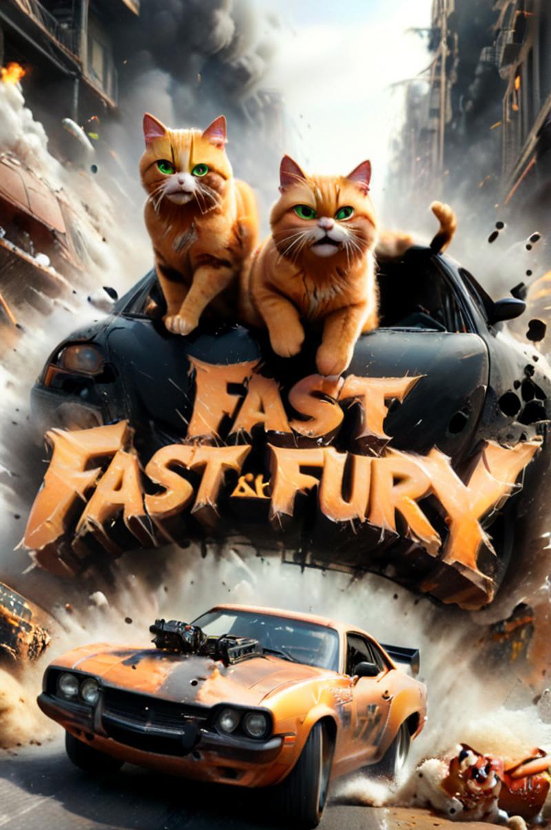 Fast and Furious Movie Poster Featuring Two Orange Cats on a Black Car