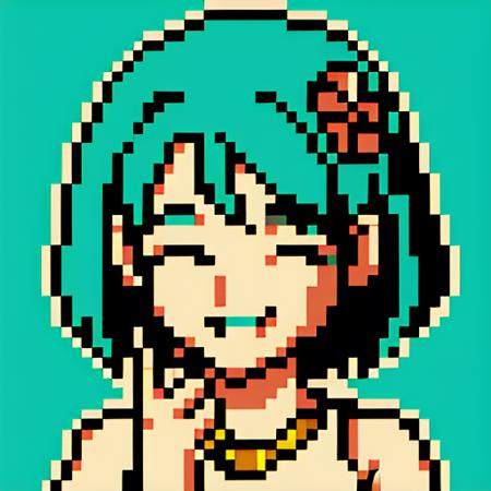 pixel art, pixel style, 1990s \(style\),<lora:pixel:0.8>, 1girl, hair_ornament, hand_on_own_face, lips,  aqua_hair,  flower, solo, food, smile, looking_at_viewer, realistic,no text,