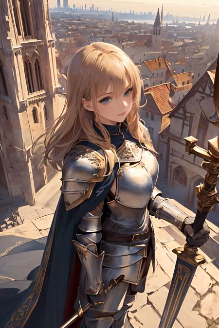 realistic, realistic details, detailed, (((1girl, slender, female knight, detailed armor, intricate details, cape, holding staff, aerial perspective, from above, standing on top of tower overlooking medieval city scape,  extremely detailed architecture, perspective, sharp focus, depth of field, detailed background)))