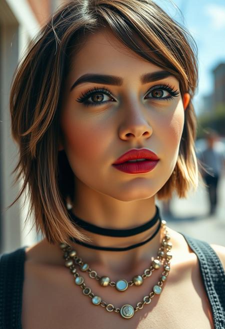 photograph of a beautiful hipster woman, mascara, eyeliner, dark cheeks, expressive lips, alluring necklace, stylish sexy streetwear, almond shaped eyes, perfect eyes, dimples, smoky eye makeup, short brunette hair with blonde tips, bright sunny day