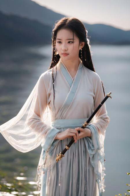 (photorealistic, raw photo:1.2),ultra high res,4K,Best quality,masterpiece,
Humanistic Photography,film photography,negative space,
blue hour,the gentle rain is falling,surrounded by the snow mountains and serene lake,(A graceful lady,wearing a light white veil hanfu and holding an exquisite sword,is standing on misty lake),Her long hair is swaying in the rain,and the hem of her dress is fluttering in the wind,blending seamlessly with the surrounding natural scenery,The color tone of the scene is mainly composed of blues and slate grays,creating a soft and elegant atmosphere,which gives a fresh and tranquil feeling,bringing peace and calmness to the mind.,upper body, 
soft light,beautiful shadow,low key,in the dark,(slate gray atmosphere),
<lora:new_weijin_hanfu:0.5> ,<lora:LYF203:1>