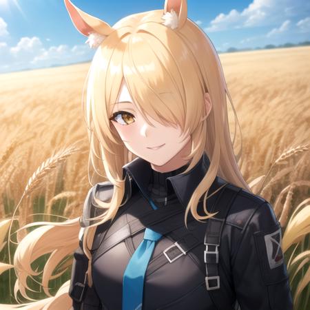 ((masterpiece)),(best quality),official art,extremely detailed CG,unity 8k wallpaper,ultra detailed,wheat field,1girl,solo,(portrait:1.2),upper body,mlynar (arknights),medium breasts,long hair,animal ear fluff,animal ears,belt,black jacket,black pants,blonde hair,blue shirt,emblem,gauntlets,hair over one eye,horse girl,horse ears,light smile,white necktie,yellow eyes,<lora:Mlynar(ark)>,