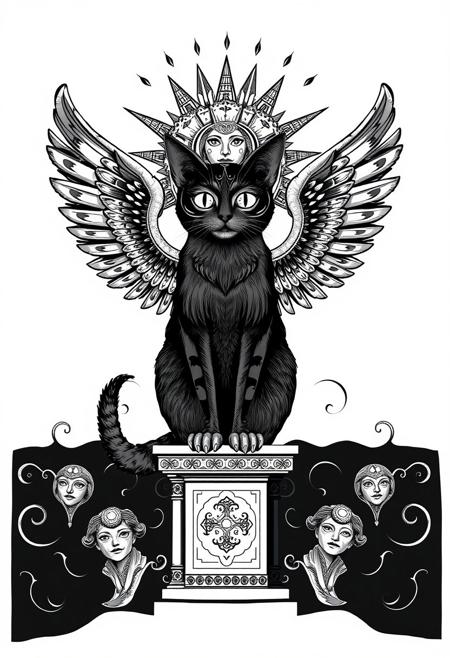 A winged cat with human eyes, sits on a plinth beneath a sun made of tiny mirrored faces, surreal neoclassical design meets mythic anatolian grotesque, black-and-white illustration, ornamental symbolism, decorative repetition, mystical figures, anthropomorphic creatures, bold linework, intricate patterning, historical and folkloric fusion, uncanny elegance, dreamlike iconography, fantastical masks and faces, flat perspective, whimsical surrealism with dark undertones, Ottoman miniature influence, surreal classical portraiture, medieval myth imagery in graphic design form