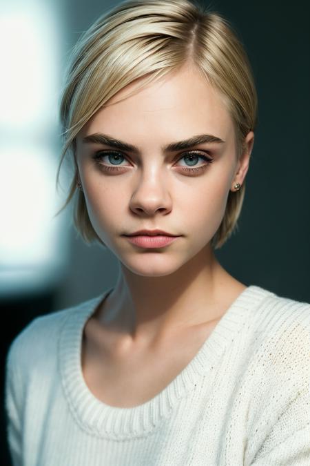 RAW photo, portrait of a woman, (caradelev1ngne_ti-4600:0.99), wearing a white sweater,short blonde hair,round eyes,smirking, (high detailed skin:1.1),simple background, 8k uhd, dslr, soft lighting, high quality, shot on lumix gh5