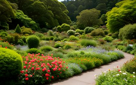 ,A bright summer midday at the Wellington Botanic Garden, showcasing vibrant flower beds in full bloom. The lush greenery contrasts with the historic Lady Norwood Rose Garden, with the sun casting playful shadows, creating a picturesque scene of tranquility,, sweeping landscapes, unique perspectives, epic scale, revealing hidden beauty, showcasing vastness, immersive experience, precise compositions, expert piloting, dynamic angles, cinematic storytelling, showcasing natural wonders, aerial exploration